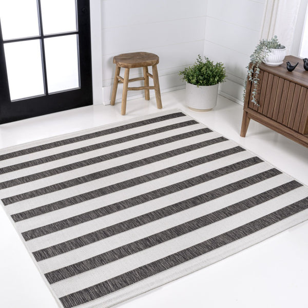HomeRoots 6' Black And Cream Striped Geometric Area Rug - Stylish, Durable, and Versatile for Indoor/Outdoor Use 704491