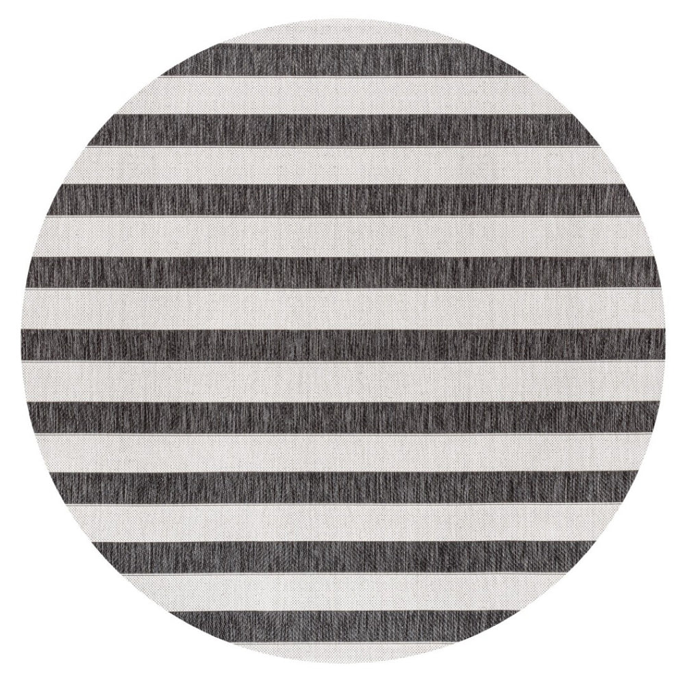 HomeRoots 8' Black and Cream Striped Area Rug – Stylish Indoor/Outdoor Round Carpet for High-Traffic Spaces 704492