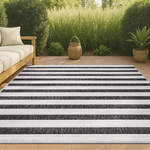 HomeRoots 9' X 12' Black And Cream Striped Area Rug - Durable, Versatile Indoor/Outdoor Design for Any Space 704494