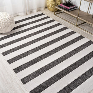HomeRoots 9' X 12' Black And Cream Striped Area Rug - Durable, Versatile Indoor/Outdoor Design for Any Space 704494