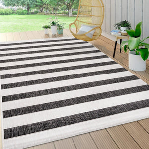 HomeRoots 9' X 12' Black And Cream Striped Area Rug - Durable, Versatile Indoor/Outdoor Design for Any Space 704494