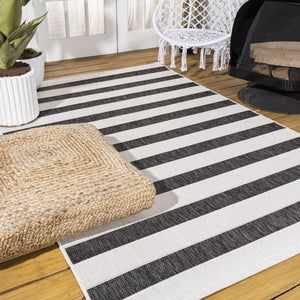 HomeRoots 9' X 12' Black And Cream Striped Area Rug - Durable, Versatile Indoor/Outdoor Design for Any Space 704494