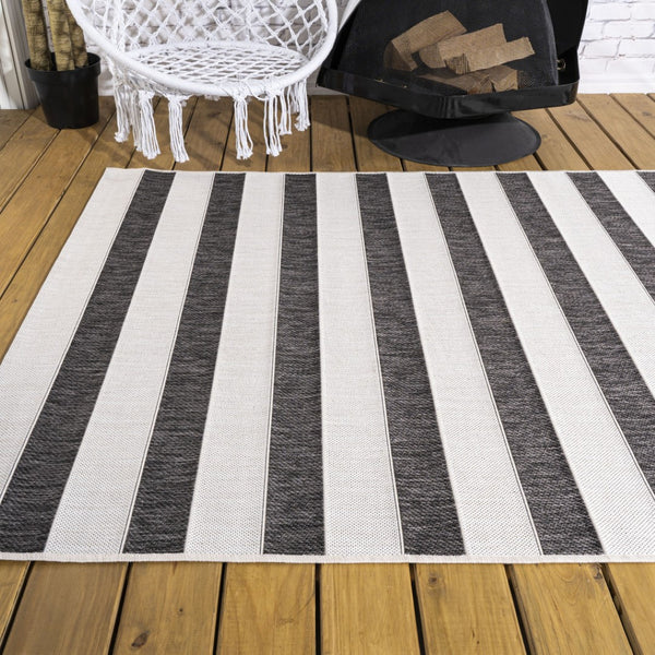 HomeRoots 9' X 12' Black And Cream Striped Area Rug - Durable, Versatile Indoor/Outdoor Design for Any Space 704494