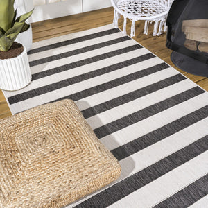 HomeRoots 9' X 12' Black And Cream Striped Area Rug - Durable, Versatile Indoor/Outdoor Design for Any Space 704494