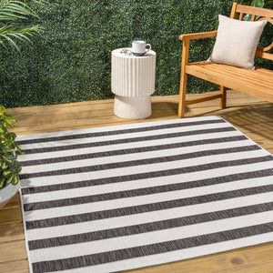 HomeRoots 9' Black and Cream Square Striped Rug - Modern Geometric Design for Indoor & Outdoor Spaces, Durable 704496