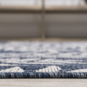 HomeRoots 8' Navy Blue Floral Area Rug - Durable, Stylish, Indoor/Outdoor Round Accent for Any Space 704511