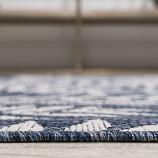 HomeRoots 8' Navy Blue Floral Area Rug - Durable, Stylish, Indoor/Outdoor Round Accent for Any Space 704511