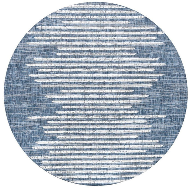 HomeRoots 5' Stylish Blue and Ivory Round Striped Area Rug - Durable, Easy-Clean Design for Indoor/Outdoor Use 704520