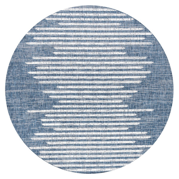 HomeRoots 5' Stylish Blue and Ivory Round Striped Area Rug - Durable, Easy-Clean Design for Indoor/Outdoor Use 704520