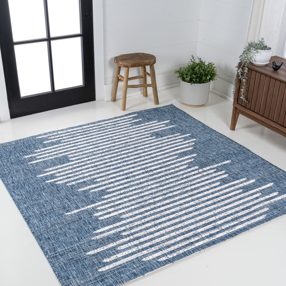 HomeRoots 5' Blue and Ivory Striped Geometric Square Area Rug for Indoor & Outdoor Spaces – Stylish & Durable! 704521