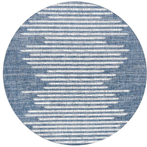 HomeRoots 8' Blue and Ivory Striped Round Area Rug - Durable Indoor/Outdoor, Low-Maintenance, Stylish Design 704525
