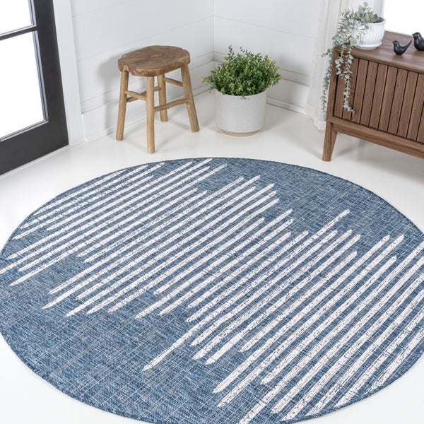 HomeRoots 8' Blue and Ivory Striped Round Area Rug - Durable Indoor/Outdoor, Low-Maintenance, Stylish Design 704525