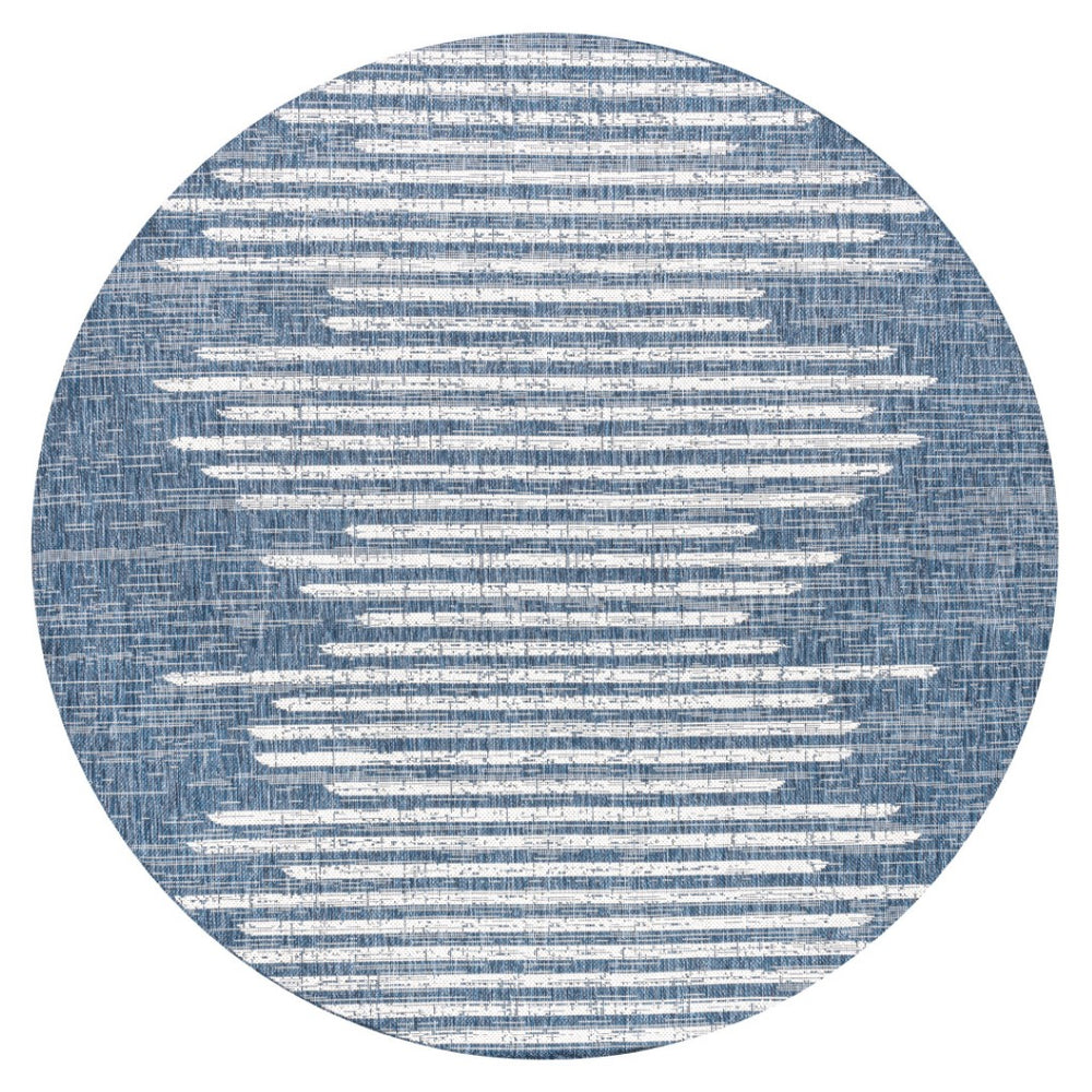 HomeRoots 8' Blue and Ivory Striped Round Area Rug - Durable Indoor/Outdoor, Low-Maintenance, Stylish Design 704525