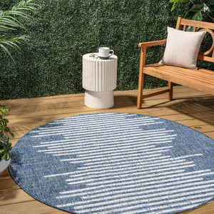 HomeRoots 8' Blue and Ivory Striped Round Area Rug - Durable Indoor/Outdoor, Low-Maintenance, Stylish Design 704525
