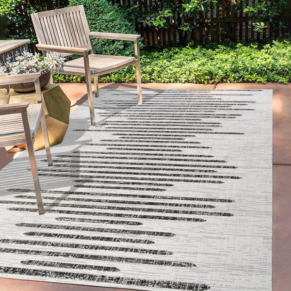 HomeRoots 10' Striped Indoor Outdoor Area Rug - Elegant Ivory & Black Design, Durable & Easy to Clean! 704530