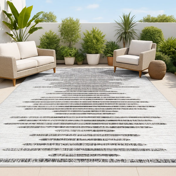 HomeRoots 6' Ivory and Black Striped Area Rug – Stylish, Durable Indoor/Outdoor Design for Modern Spaces 704531