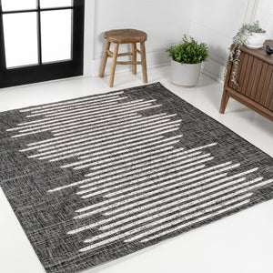 HomeRoots 6' Black And Ivory Striped Square Indoor Outdoor Area Rug - Durable, Chic Design for Any Space 704538