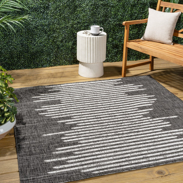 HomeRoots 6' Black And Ivory Striped Square Indoor Outdoor Area Rug - Durable, Chic Design for Any Space 704538