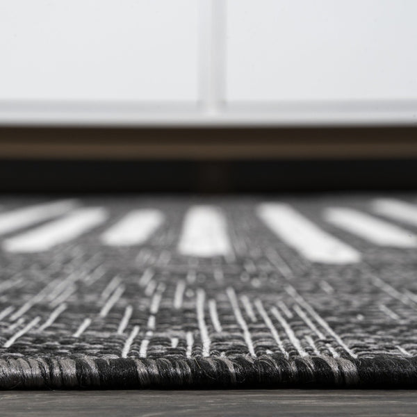 HomeRoots 6' Black And Ivory Striped Square Indoor Outdoor Area Rug - Durable, Chic Design for Any Space 704538