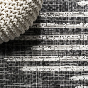 HomeRoots 6' Black And Ivory Striped Square Indoor Outdoor Area Rug - Durable, Chic Design for Any Space 704538