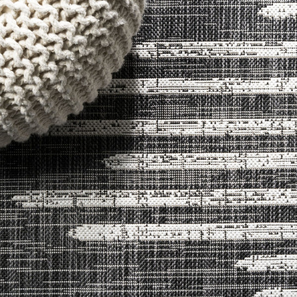 HomeRoots 6' Black And Ivory Striped Square Indoor Outdoor Area Rug - Durable, Chic Design for Any Space 704538