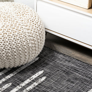HomeRoots 8' Black And Ivory Square Striped Area Rug - Durable, Modern Design for Indoor & Outdoor Spaces 704540