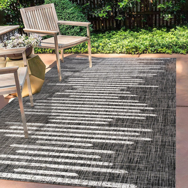 HomeRoots 9' X 12' Black And Ivory Striped Area Rug - Durable, Stylish Indoor/Outdoor Carpet for High-Traffic Spaces 704541