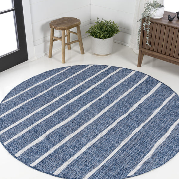 HomeRoots 5' Coastal Blue and Ivory Round Striped Area Rug – Stylish, Durable, Indoor/Outdoor Accent Piece 704545