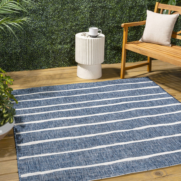 HomeRoots 5' Blue and Ivory Square Striped Area Rug - Durable Indoor/Outdoor Accent for Modern Spaces 704546