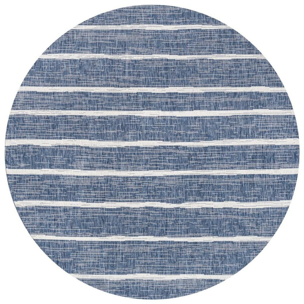 HomeRoots 6' Coastal Blue and Ivory Round Striped Area Rug - Durable, Stylish, Indoor/Outdoor Versatility! 704548