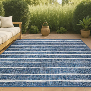 HomeRoots 9' X 12' Blue and Ivory Striped Area Rug - Durable, Versatile Design for Indoor & Outdoor Spaces! 704552