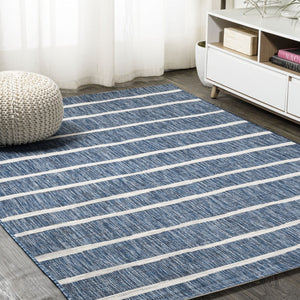 HomeRoots 9' X 12' Blue and Ivory Striped Area Rug - Durable, Versatile Design for Indoor & Outdoor Spaces! 704552