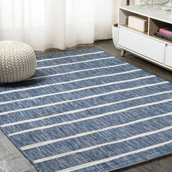 HomeRoots 9' X 12' Blue and Ivory Striped Area Rug - Durable, Versatile Design for Indoor & Outdoor Spaces! 704552