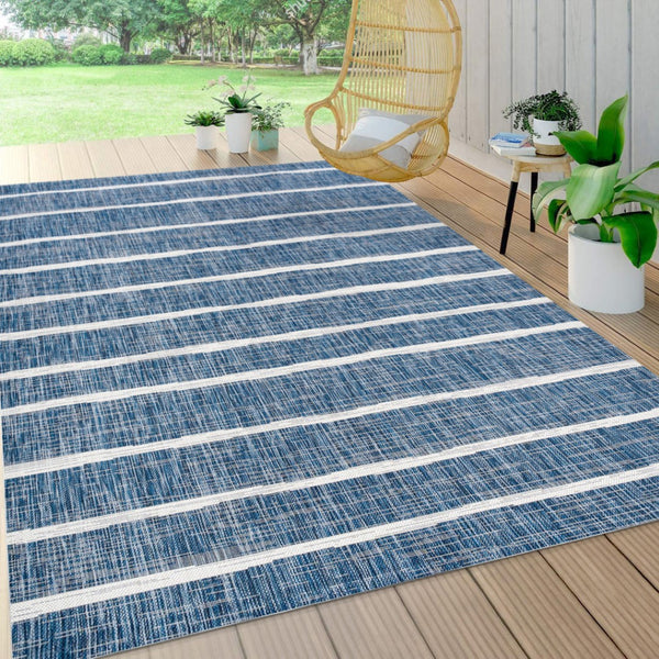 HomeRoots 9' X 12' Blue and Ivory Striped Area Rug - Durable, Versatile Design for Indoor & Outdoor Spaces! 704552
