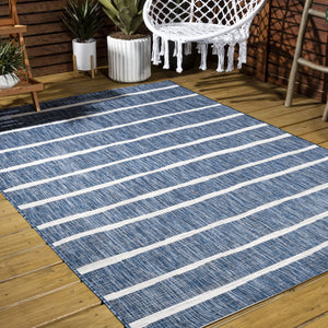 HomeRoots 9' X 12' Blue and Ivory Striped Area Rug - Durable, Versatile Design for Indoor & Outdoor Spaces! 704552