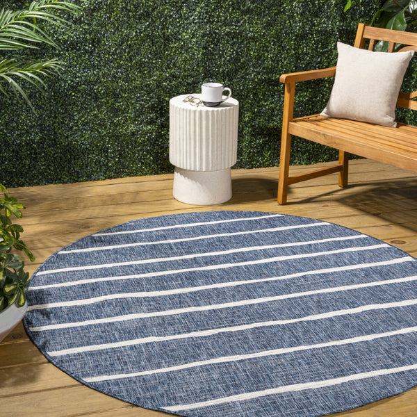 HomeRoots 9' Blue and Ivory Striped Round Area Rug - Durable Indoor/Outdoor Accent for Any Space, Easy Care 704553