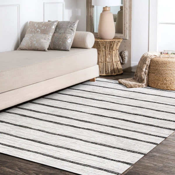 HomeRoots 10' Elegant Ivory and Black Striped Area Rug for Indoor and Outdoor High-Traffic Spaces, Easy-Care 704555