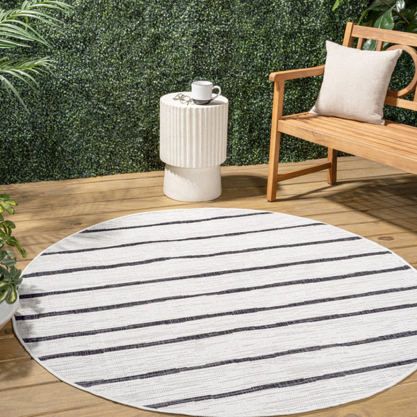HomeRoots 5' Modern Ivory and Black Striped Round Area Rug - Durable, Easy-Care Design for Indoor/Outdoor Use 704557