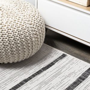 HomeRoots 5' Modern Ivory and Black Striped Round Area Rug - Durable, Easy-Care Design for Indoor/Outdoor Use 704557