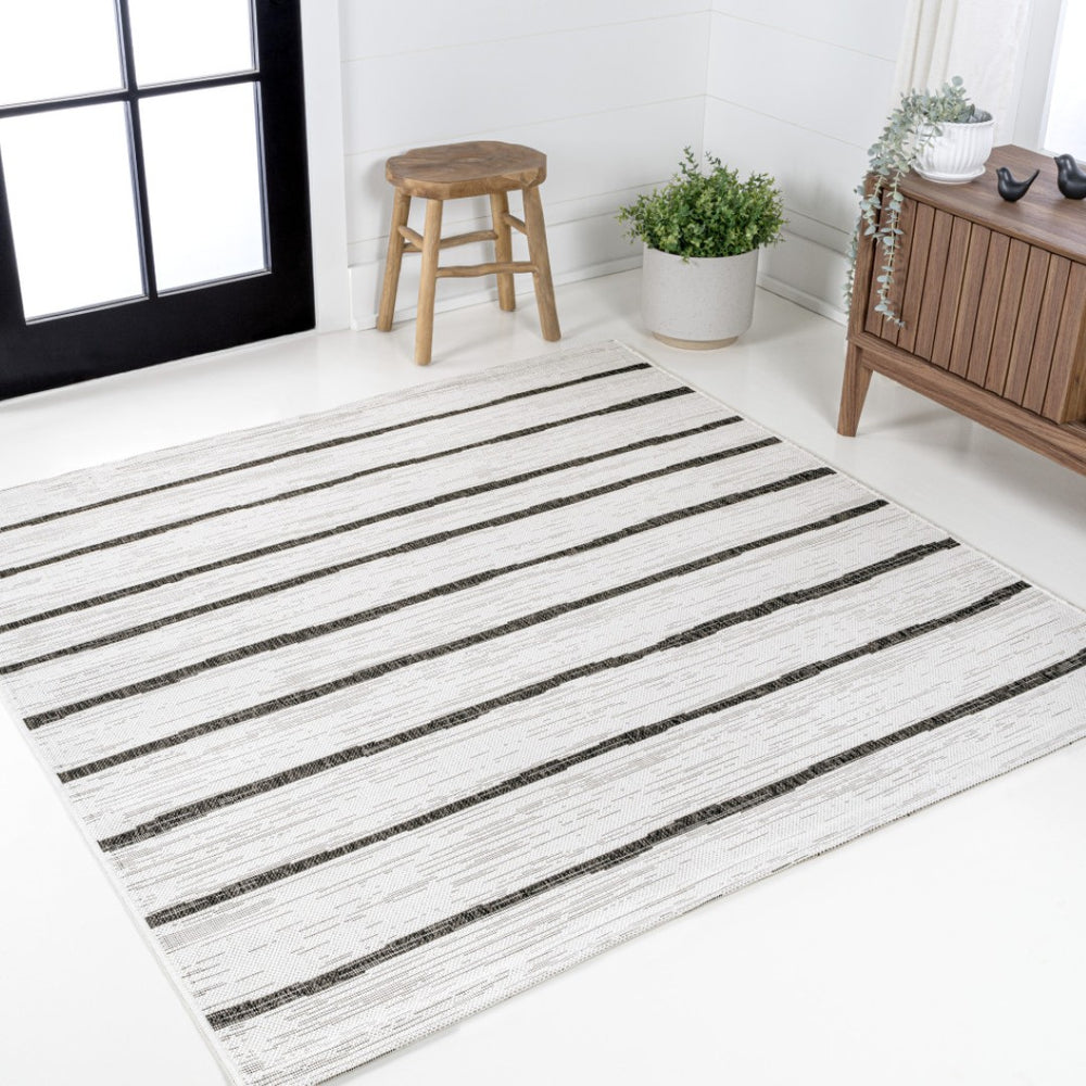 HomeRoots 8' Ivory and Black Geometric Square Striped Area Rug for Indoor & Outdoor Spaces – Durable & Stylish! 704563