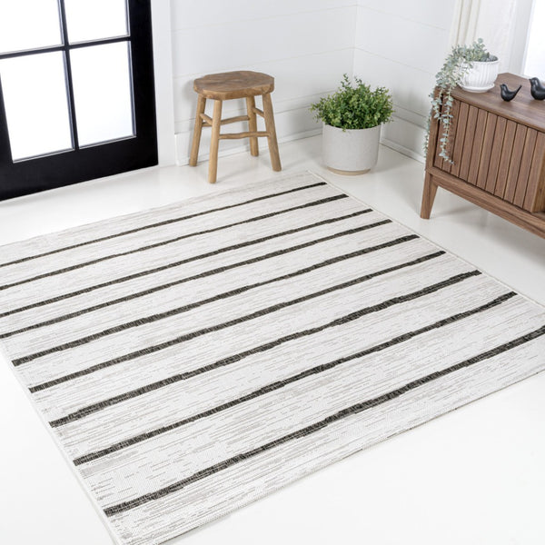 HomeRoots 8' Ivory and Black Geometric Square Striped Area Rug for Indoor & Outdoor Spaces – Durable & Stylish! 704563