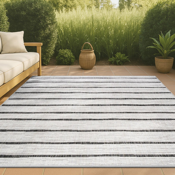 HomeRoots 9' X 12' Ivory and Black Striped Indoor-Outdoor Area Rug - Durable, Versatile, Easy Care for Any Space 704564