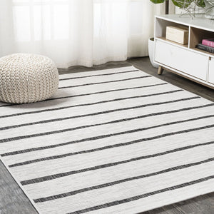HomeRoots 9' X 12' Ivory and Black Striped Indoor-Outdoor Area Rug - Durable, Versatile, Easy Care for Any Space 704564