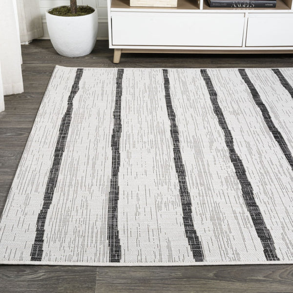 HomeRoots 9' X 12' Ivory and Black Striped Indoor-Outdoor Area Rug - Durable, Versatile, Easy Care for Any Space 704564