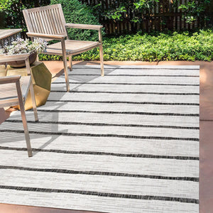 HomeRoots 9' X 12' Ivory and Black Striped Indoor-Outdoor Area Rug - Durable, Versatile, Easy Care for Any Space 704564