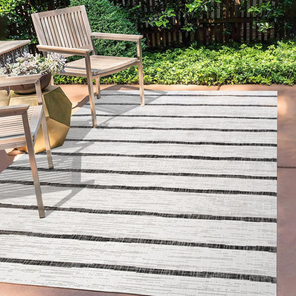 HomeRoots 9' X 12' Ivory and Black Striped Indoor-Outdoor Area Rug - Durable, Versatile, Easy Care for Any Space 704564