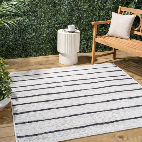 HomeRoots 9' Ivory and Black Striped Square Area Rug - Modern Indoor/Outdoor Design for High-Traffic Spaces 704566