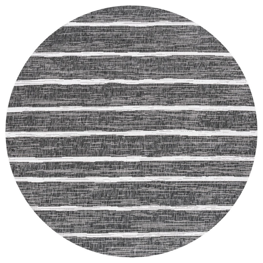 HomeRoots 6' Modern Black and Ivory Striped Round Rug - Weather-Resistant, Easy-Clean Indoor/Outdoor Accent 704572