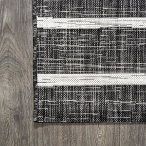 HomeRoots 6' Black and Ivory Square Striped Rug – Modern Geometric Design for Indoor & Outdoor Spaces, Durable & Stylish 704573