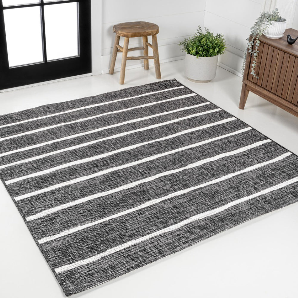 HomeRoots 8' Black And Ivory Square Striped Indoor Outdoor Area Rug - Modern Style for High-Traffic Spaces 704575